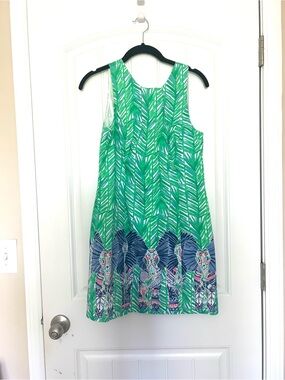 Lilly Pulitzer Sleeveless Green Patterned Mini Dress with Blue Elephant Trim